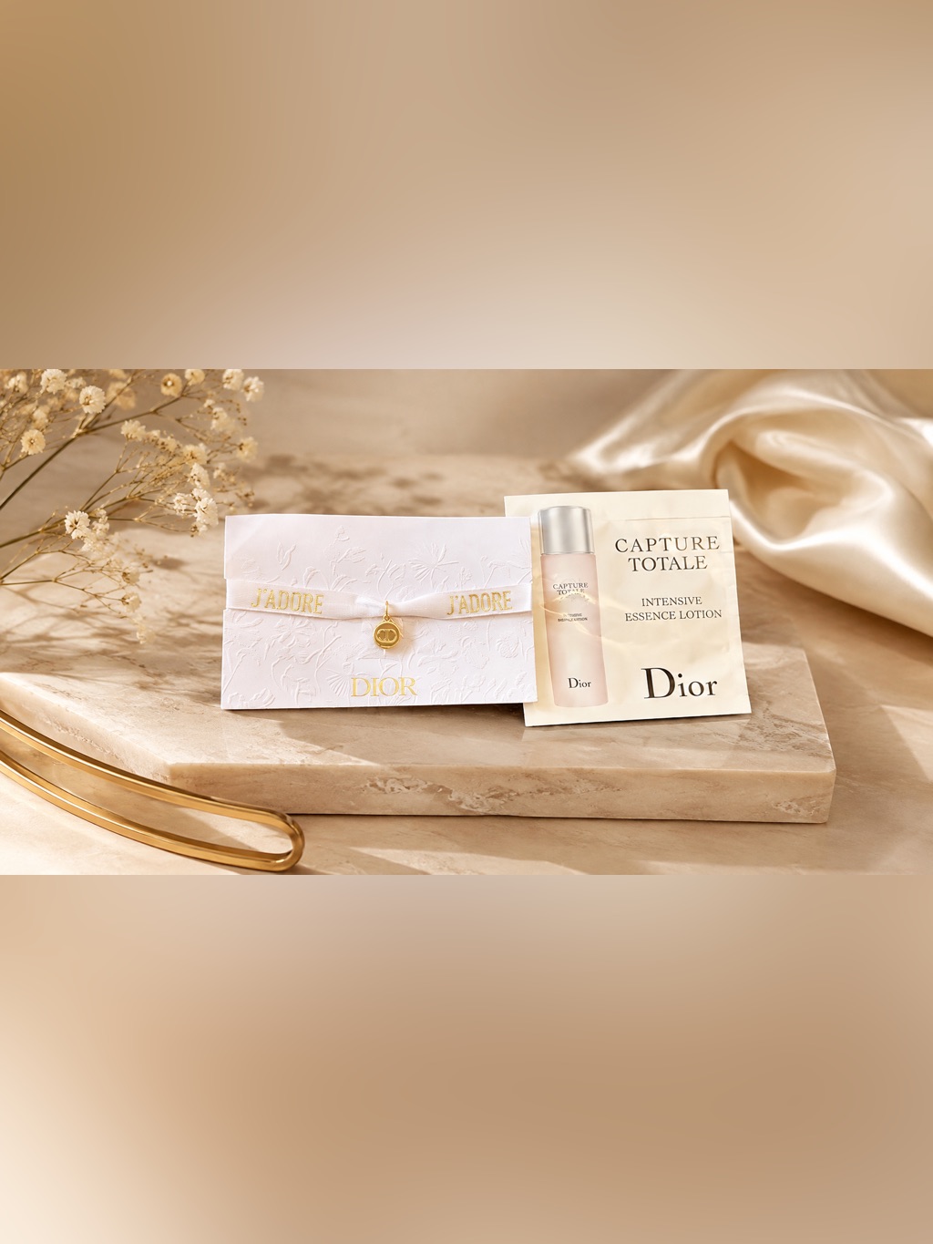 Dior J'adore Charm, Pendant And Ribbon, New On Card With Sample